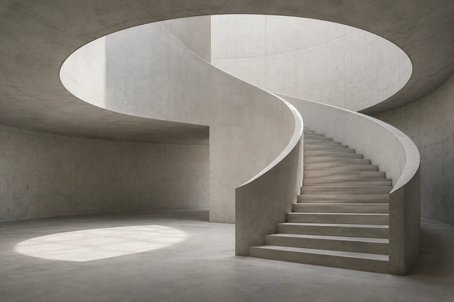 Concept image of a pale concrete spiral staircase with sculptural curves
